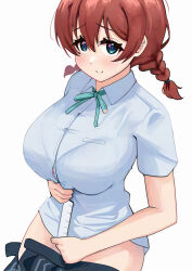  aqua_eyes black_skirt blush bra bra_peek bra_visible_through_clothes braid breasts brown_hair closed_mouth clothes_pull collared_shirt emma_verde female freckles hair_between_eyes heart heart-shaped_pupils highres holding_ruler large_breasts love_live! love_live!_nijigasaki_high_school_idol_club pisagi purple_bra ruler school_uniform shirt simple_background skirt skirt_pull smile solo standing symbol-shaped_pupils twin_braids underwear white_background white_shirt 