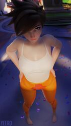  1girls 3d artist_name barefoot blender blizzard_entertainment breasts female female_only leggings lena_oxton light-skinned_female light_skin looking_at_viewer overwatch overwatch_2 pale-skinned_female pale_skin red_toenails solo tracer watermark yeero 