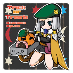  alchemist_(ragnarok_online) beret black_dress black_sleeves blue_eyes boots brown_boots chibi chibi_only closed_mouth commentary_request copyright_name detached_sleeves dress expressionless eyepatch female full_body green_hat grey_hair hair_tubes halloween hat hat_ornament kneeling long_hair looking_at_viewer lowres pullcart rabbit_hat_ornament ragnarok_online sidelocks solo trick_or_treat vanilmirth_(ragnarok_online) yazawa_kazuki 