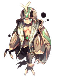  arthropod_girl black_legwear breasts claws closed_mouth commentary_request emon-yu female full_body green_eyes green_hair helmet long_hair looking_at_viewer medium_breasts navel queen_scaraba ragnarok_online simple_background solo standing very_long_hair white_background 