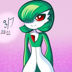  1:1 2021 female gardevoir generation_3_pokemon green_hair hair hair_over_eye hands_behind_back heart_eyes heart_symbol hi_res humanoid kuperseeper looking_at_viewer nintendo not_furry one_eye_obstructed pink_background pokemon pokemon_(species) red_eyes simple_background smile smiling_at_viewer solo 