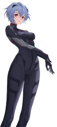  ayanami_rei black_bodysuit blue_hair bodysuit breasts commentary evangelion:_3.0_you_can_(not)_redo feet_out_of_frame female highres interface_headset lips lis_zhu_long looking_at_viewer medium_breasts neon_genesis_evangelion parted_lips plugsuit rebuild_of_evangelion red_eyes short_hair simple_background skin_tight solo white_background 