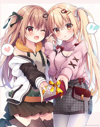  2girls ;d animal_ear_legwear bag black_bow black_footwear blonde_hair blush bow box breasts brown_hair brown_hoodie brown_skirt brown_thighhighs cat_ear_legwear cat_hair_ornament cleavage cleavage_cutout clothing_cutout commentary_request flying_sweatdrops gift gift_box grey_bow grey_skirt hair_between_eyes hair_ornament hairclip heart heart_hair_ornament highres holding holding_gift holding_hands hood hood_down hoodie houndstooth interlocked_fingers izumiyuhina jacket long_sleeves medium_breasts multiple_girls nail_polish oerba_yun_fang off_shoulder one_eye_closed open_clothes open_jacket original pantyhose pink_nails pink_sweater pleated_skirt print_skirt puffy_long_sleeves puffy_sleeves red_eyes revision shoes shoulder_bag skirt sleeves_past_wrists smile spoken_flying_sweatdrops spoken_heart sweater thighhighs turtleneck turtleneck_sweater twintails two_side_up valentine white_jacket white_pantyhose 