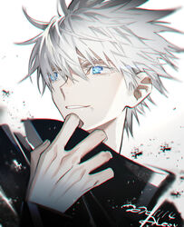  1boy aleo black_jacket blue_eyes dated eyelashes gojou_satoru hair_between_eyes hand_up high_collar highres jacket jujutsu_kaisen long_sleeves looking_away male_focus short_hair signature simple_background smile solo upper_body white_background white_hair 