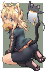  animal_ears animal_hands antenna_hair ass bell bike_shorts black_footwear black_gloves black_jacket black_shorts blonde_hair blush cat_ears cat_girl cat_tail collar commentary_request female food food_in_mouth from_behind gloves green_eyes grey_background hair_between_eyes highres hijikata-san_(m.m) jacket jingle_bell kemonomimi_mode koshirae_tsurugi_(m.m) long_hair looking_at_viewer looking_back low_ponytail m.m mouse_ears mouse_tail mouth_hold neck_bell oerba_yun_fang original paw_gloves paw_shoes ponytail red_collar short_shorts shorts tail taiyaki track_jacket two-tone_background wagashi white_background 