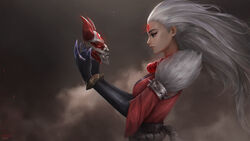  armlet artist_name artstation_username bead_necklace beads blood_moon_(league_of_legends) blood_moon_diana breasts cheesewoo claws diana_(league_of_legends) female floating_hair from_side fur-trimmed_sleeves fur_trim gauntlets highres holding holding_mask horned_mask japanese_clothes jewelry league_of_legends lips long_hair mask necklace profile red_eyes rope_belt solo spiked_armlet unworn_mask white_hair wrist_guards 