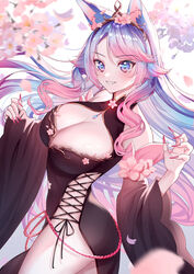  animal_ear_fluff animal_ears bare_shoulders black_kimono black_sleeves blue_eyes blue_hair breasts cherry_blossoms cleavage cleavage_cutout clothing_cutout cowboy_shot cross-laced_clothes cross-laced_dress detached_sleeves female floral_background flower gradient_background gradient_hair grin hair_flower hair_ornament highres hip_vent japanese_clothes kimono large_breasts long_hair looking_at_viewer multicolored_eyes multicolored_hair nail_polish oerba_yun_fang pelvic_curtain pink_eyes pink_flower pink_hair pink_nails rope_belt shirase_rin side_slit silvervale silvervale_(sakura_goddess) smile solo standing streaked_hair swept_bangs twisted_torso virtual_youtuber vshojo wolf_ears wolf_girl 