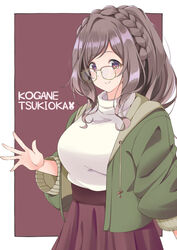  blush border braid breasts brown_background brown_hair brown_skirt character_name closed_mouth commentary_request crown_braid drawstring female glasses green_jacket hand_up highres idolmaster idolmaster_shiny_colors jacket large_breasts long_hair long_sleeves looking_at_viewer open_clothes open_jacket outside_border pink_eyes ponytail sidelocks simple_background skirt smile solo sweater swept_bangs tsukioka_kogane tsunakanten turtleneck turtleneck_sweater white_border white_sweater 