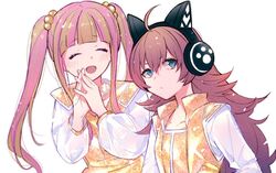  2girls :d ^_^ ahoge animal_ear_headphones animal_ears bad_id bad_twitter_id bang_dream! blue_eyes blunt_bangs blush brown_hair cat_ear_headphones closed_eyes fake_animal_ears frown headphones interlocked_fingers long_hair long_sleeves multicolored_hair multiple_girls nyubara_reona open_mouth own_hands_together pink_hair red_hair see-through see-through_sleeves shiontaso sidelocks simple_background smile steepled_fingers streaked_hair tamade_chiyu twintails two-tone_hair upper_body white_background 