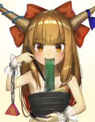  bowl eating female food hair_ribbon holding ibuki_suika long_hair looking_at_object noodles oni piyodesu red_ribbon ribbon solo topless touhou upper_body 