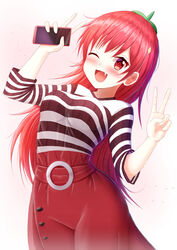  ;d arm_up blush breasts cellphone commentary commission copyright_request double_v english_commentary female gradient_background groin hair_between_eyes hair_ornament hand_up highres holding holding_phone leaning_to_the_side long_hair long_sleeves looking_at_viewer medium_breasts oerba_yun_fang one_eye_closed phone pink_background prophosphere red_eyes red_hair red_skirt shirt skirt smile solo striped_clothes striped_shirt v very_long_hair virtual_youtuber white_background 