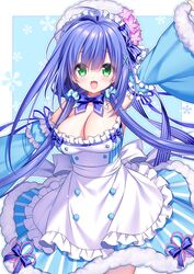  :d antenna_hair apron arm_up blue_background blue_bow blue_hair bow breasts cleavage commission detached_sleeves dress eyes_visible_through_hair female floral_background flower flower_knight_girl frilled_apron frills fur-trimmed_dress fur-trimmed_sleeves fur_trim green_eyes hair_ornament hair_over_one_eye hair_over_shoulder hair_scrunchie hairclip highres large_breasts long_hair long_sleeves looking_at_viewer low_twintails pink_flower pixiv_commission sacraneco scrunchie shabonsou_(flower_knight_girl) smile solo striped_bow striped_clothes striped_dress twintails two-tone_background vertical-striped_clothes vertical-striped_dress very_long_hair white_apron white_background wide_sleeves x_hair_ornament 