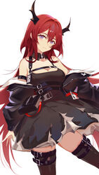  absurdres arknights bare_shoulders belt black_belt black_dress black_thighhighs breasts chest_strap cleavage demon_girl demon_horns dress female hair_between_eyes highres horns jacket long_hair long_sleeves looking_at_viewer medium_breasts off_shoulder pat_bharasarn pouch purple_eyes red_hair simple_background slit_pupils solo surtr_(arknights) thigh_strap thighhighs very_long_hair white_background zettai_ryouiki 