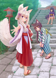  3girls absurdres animal_ear_fluff animal_ears barefoot black_footwear black_hair blonde_hair blue_eyes blush brown_eyes brown_footwear brown_hair cat_ears closed_mouth commentary_request day folded_ponytail fox_ears fox_girl fox_tail hair_ribbon hakama hakama_skirt highres iroha_(iroha_matsurika) japanese_clothes kimono koyoi_(iroha_(iroha_matsurika)) kunoichi-chan_(iroha_(iroha_matsurika)) leaning_forward long_hair long_sleeves looking_at_viewer looking_back miko multiple_girls mutsuki_(iroha_(iroha_matsurika)) obi original outdoors outstretched_arm pink_ribbon ponytail purple_eyes red_hakama ribbon sandals sash short_kimono short_sleeves sitting sitting_on_stairs skirt smile stairs stone_stairs striped_clothes striped_kimono tail tasuki vertical-striped_clothes vertical-striped_kimono very_long_hair white_kimono wide_sleeves yukata zouri 