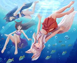  3girls :d absurdres air_bubble animal animal_ear_fluff animal_ears bare_arms bare_legs bare_shoulders barefoot black_hair blue_eyes brown_eyes bubble cat_ears cat_tail commentary_request crop_top day fish folded_ponytail fox_ears fox_girl fox_tail freediving hair_between_eyes hakama hakama_short_skirt hakama_skirt highres iroha_(iroha_matsurika) japanese_clothes kimono koyoi_(iroha_(iroha_matsurika)) kunoichi-chan_(iroha_(iroha_matsurika)) long_hair midriff multiple_girls mutsuki_(iroha_(iroha_matsurika)) navel open_mouth original outdoors purple_eyes purple_kimono red_hakama sidelocks skirt smile sunlight tail underwater upside-down very_long_hair water white_hair 