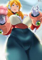  alia_(mega_man) android artificial_vagina blonde_hair blue_eyes blush breasts cafekun commentary_request female gloves grey_pants high-waist_pants highres large_breasts looking_at_viewer medium_hair mega_man_(series) mega_man_x_(series) open_mouth pants robot_ears sex_toy smile solo thick_thighs thighs underbust white_gloves 