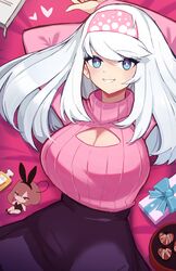  absurdres arms_behind_head arms_up blue_eyes blue_eyeshadow blush breasts bria_(psidubs) cleavage cleavage_cutout clothing_cutout commentary eyeshadow female grin highres large_breasts long_hair long_sleeves looking_at_viewer lying makeup on_back original parted_lips pink_sweater psidubs ribbed_sweater smile solo sweater white_hair white_nails 