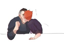  1boy bad_id bad_pixiv_id clenched_hand female grey_hair highres kissing kitty_keihara moira_(overwatch) orange_hair overwatch overwatch_1 purple_shirt shirt short_hair sigma_(overwatch) straight surprise_kiss surprised 