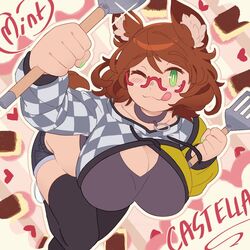  amai_umimaru_(artist) animal_ear_fluff animal_ears belly black_thighhighs blush breasts bright_pupils brown_hair collar cropped_hoodie dog_ears dog_girl edie_crop_hoodie female food green_eyes hair_between_eyes heart holding hood hoodie indie_virtual_youtuber meme_attire mint_castella one_eye_closed red-framed_eyewear shorts solo thighhighs tongue tongue_out virtual_youtuber white_pupils 