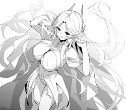  azur_lane azur_lane:_slow_ahead bare_shoulders breasts brest_(azur_lane) female greyscale hands_up hori_(hori_no_su) large_breasts monochrome navel official_art open_clothes pointy_ears ribbon smile 