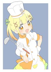  :d absurdres bad_id bad_twitter_id blonde_hair blue_background blush buttons chef chef_hat cookpad cookpad-tan donguri_suzume double-breasted female gloves hair_ornament hand_on_own_hip hand_up hat highres holding ladle looking_at_viewer multicolored_clothes multicolored_skirt open_mouth orange_eyes simple_background skirt smile solo standing virtual_youtuber white_gloves x_hair_ornament 