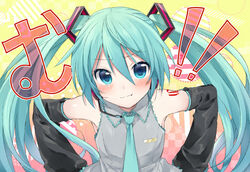  :t aqua_eyes aqua_hair aqua_necktie bare_shoulders black_sleeves blush closed_mouth commentary detached_sleeves female grey_shirt hands_on_own_hips hatsune_miku leaning_forward long_hair looking_at_viewer necktie pout shirt shoulder_tattoo sleeveless sleeveless_shirt solo sudachi_(calendar) tattoo translated twintails upper_body v-shaped_eyebrows very_long_hair vocaloid 