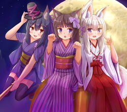  3girls :d :o absurdres animal_ear_fluff animal_ears arm_up black_hair black_headwear blue_eyes blush bow broom broom_riding brown_eyes brown_hair cat_ears commentary_request fox_ears fox_girl fox_shadow_puppet fox_tail full_moon hair_between_eyes hair_ornament hairbow hairclip hakama hakama_skirt halloween hand_on_headwear hand_up hands_up hat highres iroha_(iroha_matsurika) japanese_clothes kimono koyoi_(iroha_(iroha_matsurika)) kunoichi-chan_(iroha_(iroha_matsurika)) long_hair long_sleeves looking_at_viewer miko mini_hat moon multiple_girls mutsuki_(iroha_(iroha_matsurika)) obi oerba_yun_fang open_mouth original pumpkin purple_eyes purple_kimono red_hakama sash short_sleeves sitting skirt smile striped_bow striped_clothes striped_kimono tail tasuki vertical-striped_clothes vertical-striped_kimono white_hair white_kimono wide_sleeves x_hair_ornament 