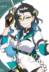  absurdres bad_gun_anatomy black_gloves black_hair black_shirt blue_hair buttons collared_shirt colt_python commentary_request cowboy_shot dated double-breasted earrings female girls&#039;_frontline gloves gradient_hair green_eyes grin gun hair_between_eyes handgun highres hip_vent holding holding_gun holding_weapon jacket jewelry lapel_pin long_hair looking_at_viewer mole mole_under_eye multicolored_hair navel necktie partially_fingerless_gloves python_(girls&#039;_frontline) revolver ridot shirt simple_background smile solo star_pin suit_jacket two-tone_gloves weapon white_jacket white_necktie yellow_lips 