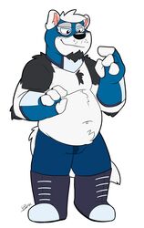  2020 bear belly black_body black_fur bottomwear canid canine canis clothing fur giant_panda hi_res humanoid_hands hybrid male mammal mask navel overweight overweight_male shorts simple_background solo thepandobo white_background white_body white_fur wolf 