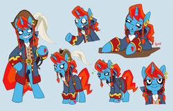  ambiguous_gender belt blue_body blue_fur braided_hair clothed clothing coat ear_piercing equid equine facial_scar feral friendship_is_magic fur hair hasbro heart_(marking) heart_symbol horn horse kiguren mammal markings melee_weapon mlp_g3 model_sheet my_little_pony mythological_creature mythological_equine mythology piercing pirate pirate_hat pony pre-g4 red_hair scar smile solo sword tooth_gap topwear unicorn unicorn_horn waterfire_(mlp) weapon 