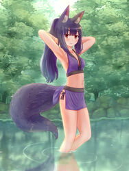  absurdres animal_ear_fluff animal_ears armpits arms_behind_head bare_arms bare_shoulders bikini black_hair breasts closed_mouth collarbone commentary_request day female fox_ears fox_girl fox_tail hands_up highres iroha_(iroha_matsurika) kunoichi-chan_(iroha_(iroha_matsurika)) long_hair navel original outdoors ponytail purple_bikini ripples shallow_water side-tie_bikini_bottom small_breasts smile solo standing swimsuit tail tree very_long_hair wading water 