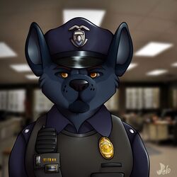  1:1 american_flag anthro clothing electronics flag hi_res hyena jebbthefoxy male mammal maveryk office police police_badge police_hat police_uniform radio solo uniform united_states_of_america yellow_eyes 