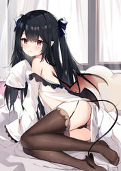  :o absurdres ass black_hair black_thighhighs blush bow commentary demon_tail demon_wings female from_side fuyuki030 garter_straps hair_ornament hairbow hand_up highres indoors long_hair long_sleeves looking_at_viewer looking_to_the_side no_shoes off_shoulder original parted_lips pointy_ears purple_eyes solo tail thighhighs thighs wings 