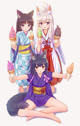  3girls :d absurdres animal_ear_fluff animal_ears barefoot black_hair blue_eyes blush brown_eyes brown_hair cat_ears checkered_clothes checkered_kimono commentary_request folded_ponytail food fox_ears fox_girl fox_tail grey_background hakama hakama_skirt highres holding holding_food ice_cream ice_cream_cone iroha_(iroha_matsurika) japanese_clothes kimono koyoi_(iroha_(iroha_matsurika)) kunoichi-chan_(iroha_(iroha_matsurika)) long_hair long_sleeves miko multiple_girls mutsuki_(iroha_(iroha_matsurika)) obi open_mouth original outstretched_arms parted_lips purple_eyes purple_kimono red_hakama sash shadow short_kimono short_sleeves sitting skirt smile soft_serve standing tail tasuki white_hair white_kimono wide_sleeves yukata 