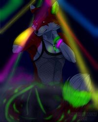  4:5 anthro canid canine clothing dancing fishnet_clothing fox glowing glowing_eyes glowstick hatoma hi_res lights lilythekitsune looking_at_viewer male mammal nightclub pose rave solo 