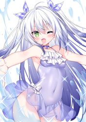  0_0 ;d bare_arms bare_shoulders blue_choker blush bow breasts casual_one-piece_swimsuit choker collarbone commission covered_navel female flower_knight_girl frilled_one-piece_swimsuit frills green_eyes grey_hair groin hair_between_eyes hair_ribbon highres long_hair looking_at_viewer oerba_yun_fang one-piece_swimsuit one_eye_closed pixiv_commission plaid plaid_ribbon purple_one-piece_swimsuit ribbon sacraneco scilla_(flower_knight_girl) see-through simple_background small_breasts smile solo swimsuit two_side_up unmoving_pattern very_long_hair water white_background white_bow 