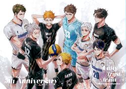  6+boys aoba_johsai_volleyball_uniform arms_behind_head ball black_hair blonde_hair bokuto_koutarou brown_hair closed_mouth crossed_arms elbow_pads from_above grey_hair grin haikyuu!! hands_on_own_hips hinata_shouyou holding holding_ball hoshiumi_kourai jersey kageyama_tobio karasuno_volleyball_uniform knee_pads korean_commentary looking_at_viewer male_focus miya_atsumu multicolored_hair multiple_boys oikawa_tooru_(haikyuu!!) orange_hair sakusa_kiyoomi short_hair shorts smile sportswear teeth toned toned_male two-tone_hair ummm_mmma ushijima_wakatoshi volleyball volleyball_(object) volleyball_uniform white_hair 