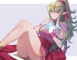  blush bracelet breasts commentary cosplay dress female fingernails fire_emblem fire_emblem:_mystery_of_the_emblem fire_emblem_awakening fire_emblem_heroes glowing green_eyes green_hair highres holding jewelry long_hair looking_at_viewer medium_breasts official_alternate_costume parted_lips pink_dress pointy_ears short_dress simple_background sitting sleeveless smile solo stone thighs tiara tiki_(adult)_(fated_divinity)_(fire_emblem) tiki_(adult)_(fire_emblem) tiki_(fire_emblem) tiki_(young)_(fire_emblem) tiki_(young)_(fire_emblem)_(cosplay) tomo_shirasu 