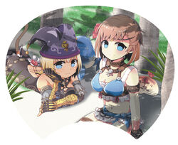  2girls armband bare_shoulders bikini black_gloves blonde_hair blue_bikini blue_eyes breasts brown_armband brown_choker brown_hair brown_wristband cat_girl cat_tail choker circlet cleavage closed_mouth crab crop_top elbow_gloves final_fantasy final_fantasy_xi fingerless_gloves flower gloves grass hair_flower hair_ornament halterneck hat hume jester_cap leather_choker leech looking_at_viewer lying medium_breasts mithra_(ff11) multiple_girls mumor navel ntapopo on_stomach purple_headwear red_flower sand short_hair sitting split_mouth swimsuit tail tail_raised thigh_strap tree uka_totlihn wristband 