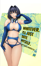  absurdres bad_id bad_pixiv_id bare_shoulders black_hair blue_bow blue_bowtie blue_bra blue_eyes blue_gloves blue_panties bow bow_earrings bowtie bra breasts cleavage commentary detached_collar earrings elbow_gloves english_commentary english_text female gloves hair_intakes hand_up highres ho2nium hololive hololive_english jewelry large_breasts looking_at_viewer medium_hair ouro_kronii panties solo standing tongue tongue_out underwear virtual_youtuber 