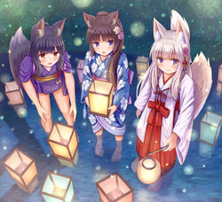  3girls :d absurdres animal_ears barefoot black_hair blue_eyes blue_kimono blush bow brown_eyes brown_hair cat_ears closed_mouth commentary_request floral_print flower fox_ears fox_girl fox_tail hair_flower hair_ornament hakama hakama_skirt highres holding iroha_(iroha_matsurika) japanese_clothes kimono koyoi_(iroha_(iroha_matsurika)) kunoichi-chan_(iroha_(iroha_matsurika)) lantern lantern_on_liquid leaning_forward long_hair long_sleeves miko multiple_girls mutsuki_(iroha_(iroha_matsurika)) obi obon open_mouth original outdoors paper_lantern pink_flower print_kimono purple_eyes purple_flower red_bow red_hakama sash shallow_water short_kimono short_sleeves skirt smile standing tail tail_raised tasuki very_long_hair wading water white_flower white_hair white_kimono wide_sleeves 