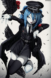  absurd_res anthro armband avian bird black_clothing black_dress black_ears blue_eyes blue_hair canid canine chicken clothing cross dress femboy footwear fox fur galliform gallus_(genus) hair hat headgear headwear hi_res inner_ear_fluff iron_cross knee_highs knee_socks legwear male mammal marble_fox medal military_cap military_uniform moisha_(tweenstrip) nazi nazi_uniform necktie partieiadler phasianid red_fox skull_accessory socks solo tail totenkopf true_fox tuft tweenstrip uniform white_body white_fur wings 