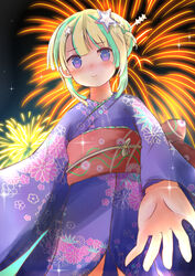  aerial_fireworks amakawa_hano aqua_hair bad_id bad_pixiv_id blonde_hair blue_eyes blue_kimono blush commentary_request female fireworks hair_ornament hair_stick highres japanese_clothes kimono looking_at_viewer multicolored_hair night night_sky obi outdoors re:act sash short_hair sky smile solo standing star-shaped_pupils star_(symbol) star_hair_ornament symbol-shaped_pupils toroi_jd two-tone_hair virtual_youtuber wide_sleeves yukata 