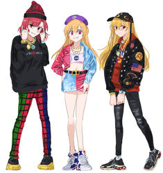  3girls adapted_costume alternate_costume belt black_headwear black_jacket black_legwear black_shirt blonde_hair bracelet casual closed_mouth clothes_writing clownpiece collar commentary_request contemporary eyelashes flag_print glasses hat hecatia_lapislazuli highres hood hoodie jacket jewelry jichou_senshi junko_(touhou) long_hair midriff miniskirt multiple_girls nasa_logo navel no_wings open_mouth pants plaid plaid_pants purple_eyes purple_headwear red_eyes red_hair red_hoodie ring shirt short_hair simple_background skirt smile sportswear touhou white_background white_shirt 