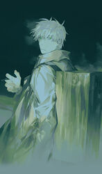  1boy closed_mouth coat ginko green_eyes holding looking_back male_focus mushishi solo starstruckdon white_coat white_hair 