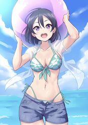  :d =d antenna_hair arms_up ball bangs beachball bikini black_hair blue_sky blush breasts cleavage cloud collarbone female front-tie_bikini front-tie_top hair_between_eyes halterneck highres holding_beachball kanabun looking_at_viewer love_live! love_live!_sunshine!! love_live!_sunshine!!_the_school_idol_movie_over_the_rainbow medium_breasts midriff navel ocean open_clothes open_mouth open_shirt outdoors purple_eyes see-through_skirt short_hair short_sleeves shorts side-tie_bikini skirt sky smile solo swimsuit two-tone_bikini unbuttoned_shorts upper_teeth watanabe_tsuki 