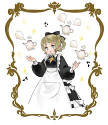  afk_arena apron bad_id bad_pixiv_id beamed_eighth_notes black_bow black_dress blonde_hair blue_eyes bow braid breasts dress eighth_note female hairbow highres kkaebing long_sleeves maid maid_apron musical_note no_nose no_pupils open_mouth rosaline_(afk_arena) short_hair small_breasts solo sparkle teapot white_apron white_background 