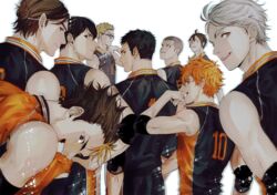  6+boys adapted_costume azumane_asahi back bare_shoulders black_hair blonde_hair brown_hair elbow_pads eyebrows from_behind glasses grey_hair grin haikyuu!! height_difference hinata_shouyou jersey kageyama_tobio karasuno_volleyball_uniform korean_commentary looking_at_viewer looking_back male_focus multiple_boys nishinoya_yuu orange_hair sawamura_daichi shirt short_hair sleeveless sleeveless_shirt smile sportswear sugawara_koushi tanaka_ryuunosuke toned toned_male tsukishima_kei ummm_mmma volleyball_uniform yamaguchi_tadashi 