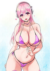  bare_shoulders bikini blush bolobolo breasts cleavage collarbone female headphones heart highres large_breasts lips long_hair looking_at_viewer nitroplus pink_eyes pink_hair skindentation smile solo super_sonico swimsuit teeth upper_teeth_only 