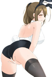  ahoge animal_ears ass back backless_outfit bare_shoulders between_legs black_thighhighs blush breasts brown_eyes brown_hair female hand_between_legs highres idolmaster idolmaster_shiny_colors kuwayama_chiyuki large_breasts long_hair looking_at_viewer parted_lips playboy_bunny ponytail rabbit_ears rabbit_tail simple_background smile solo tail thighhighs thighs tsunakanten white_background 